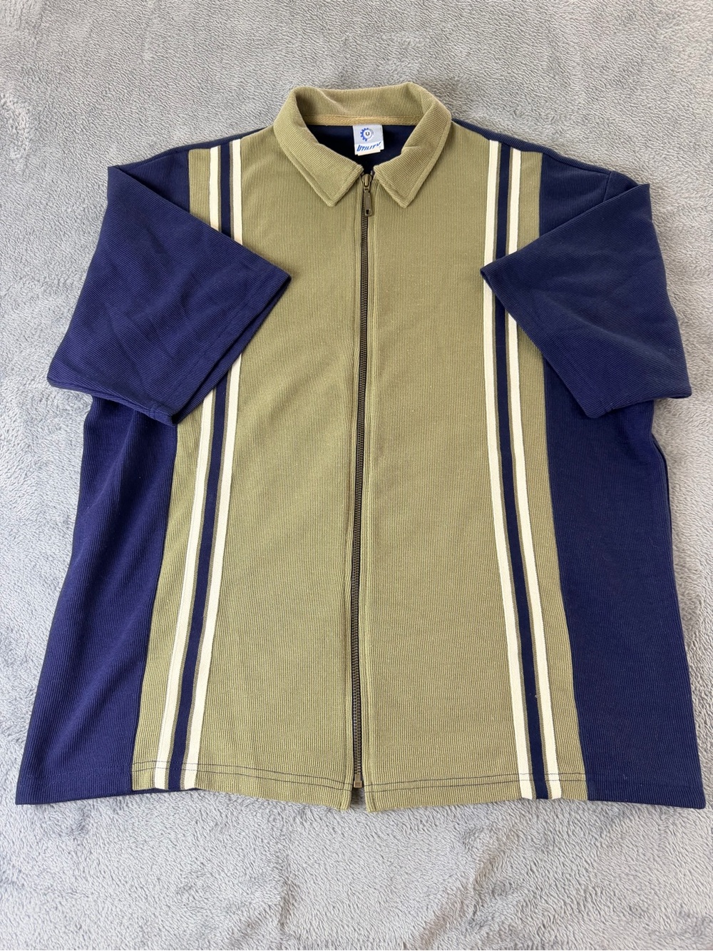 Vintage Utility Full Zip Knit Polo Shirt Mens Large Blue Tan Green Striped Y2K